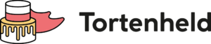 Tortenheld Logo Das Logo von Tortenheld, Onlineshop für Backzubehör in Frankfurt, mit einer Illustration einer Torte mit Heldenumhang und schwarzem Schriftzug