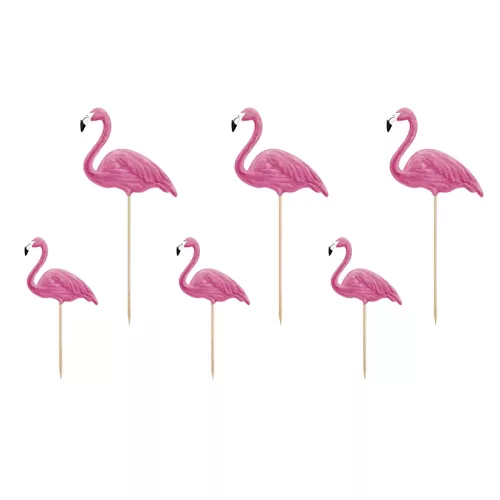 Set aus sechs rosanen Flamingo Cake Toppern auf Holzspießen