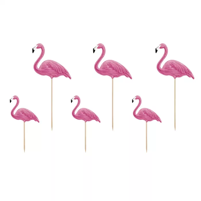 Set aus sechs rosanen Flamingo Cake Toppern auf Holzspießen