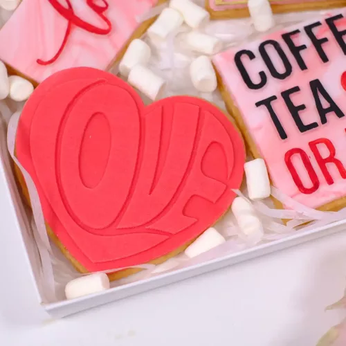 Ein herzförmiger Keks mit rotem Zuckerguss und gestempelter Prägung "Love" in Herzform, liegend in einer Box mit anderen Keksen zum Valentinstag und Mini Marshmallows