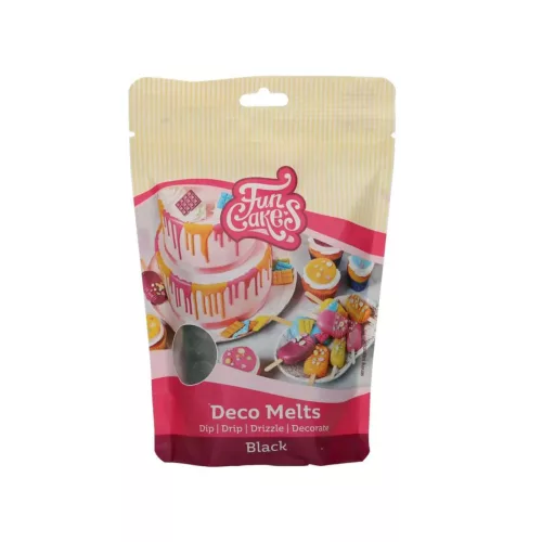 Die Vorderseite einer Packung FunCakes Deco Melts Black mit Zutatenliste vor weißem Hintergrund