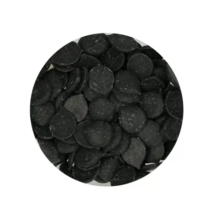 FunCakes Deco Melts Black Schokoladen-Drops in der Farbe Schwarz als Nahaufnahme