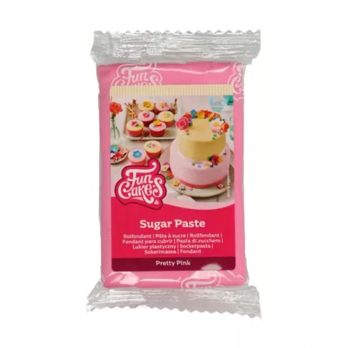 Pinkes Fondant der Marke FunCakes in einer transparenten Verpackung mit Beschriftung