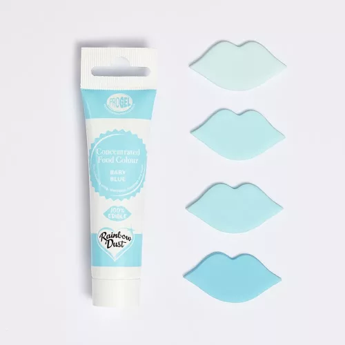 Eine Tube hellblaue Lebensmittelfarbe Rainbow Dust ProGel Baby Blue mit Farbmustern in Form von Lippen in verschiedenen Farbtönen vor weißem Hintergrund