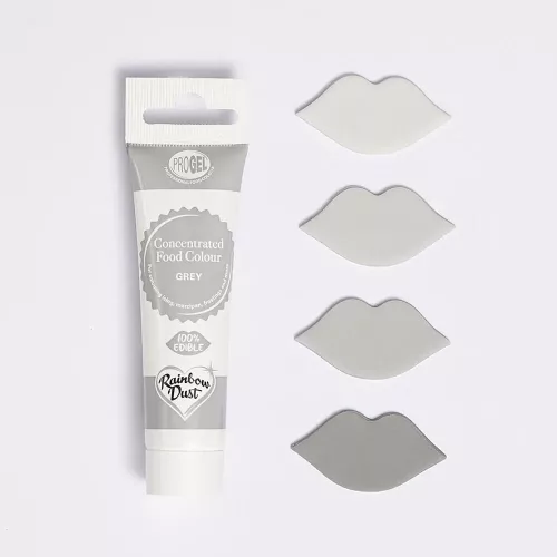 Eine Tube graue Lebensmittelfarbe Rainbow Dust ProGel Grey mit Farbmustern in Form von Lippen in verschiedenen Farbtönen vor weißem Hintergrund