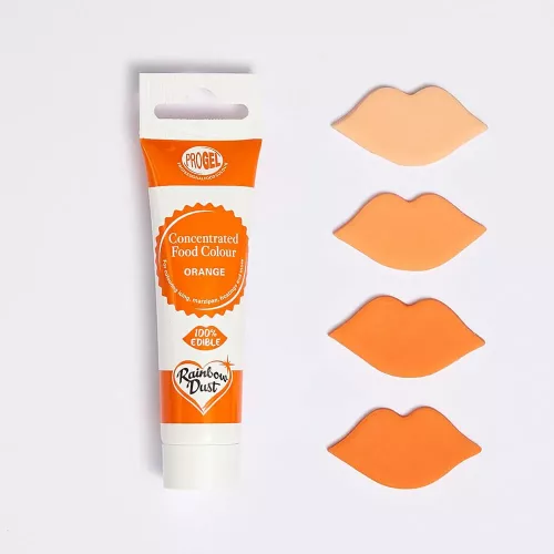 Eine Tube orangene Lebensmittelfarbe Rainbow Dust ProGel Orange mit Farbmustern in Form von Lippen in verschiedenen Farbtönen vor weißem Hintergrund