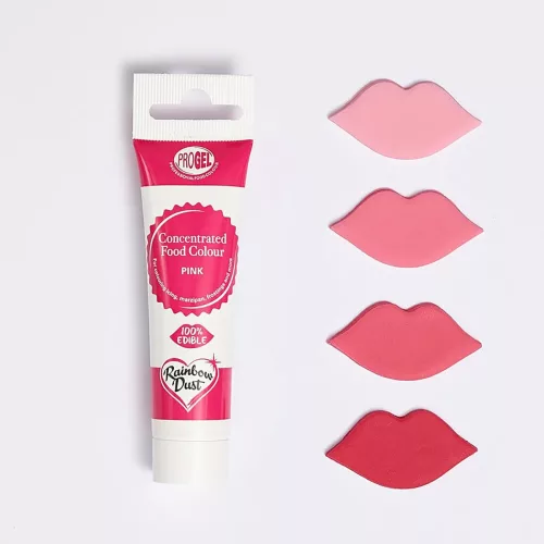 Eine Tube pinke Lebensmittelfarbe Rainbow Dust ProGel Pink mit Farbmustern in Form von Lippen in verschiedenen Farbtönen vor weißem Hintergrund