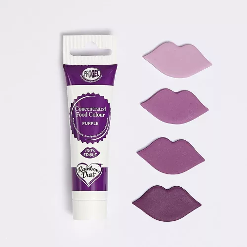 Eine Tube lilane Lebensmittelfarbe Rainbow Dust ProGel Purple mit Farbmustern in Form von Lippen in verschiedenen Farbtönen vor weißem Hintergrund