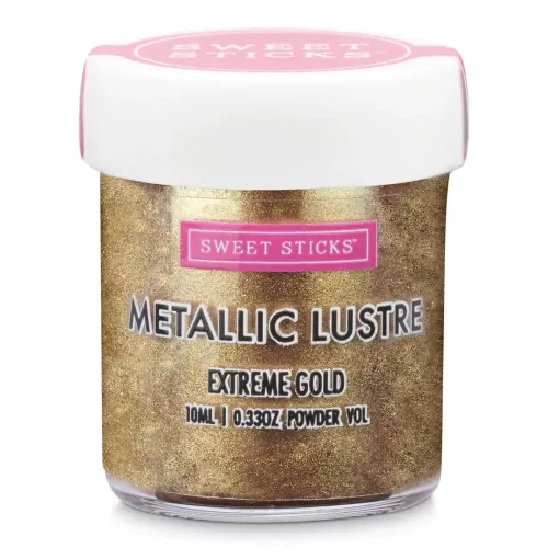 Eine goldene Dose Perlglanz-Pigmentpulver der Marke Sweet Sticks in der Farbe Extreme Gold mit weißem Deckel