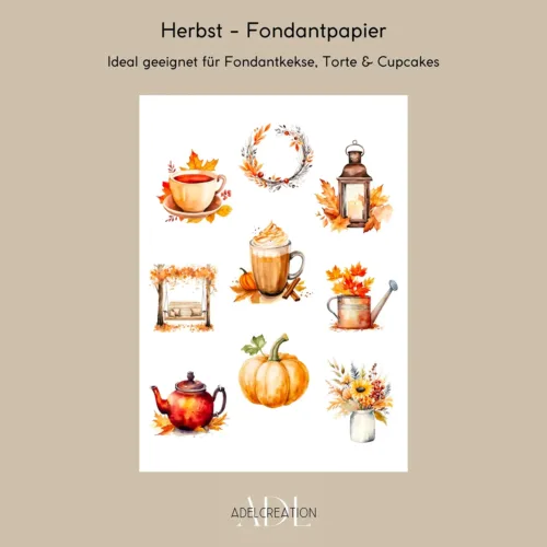 Fondantpapier mit 8 Herbstmotiven auf beigen Hintergrund.