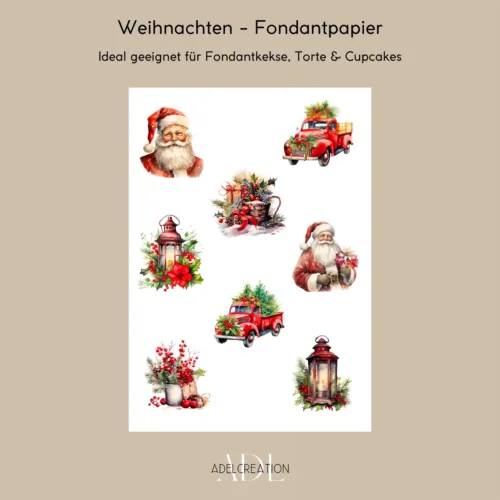 Fondantpapier mit 8 Weihnachtsmotiven auf beigen Hintergrund.