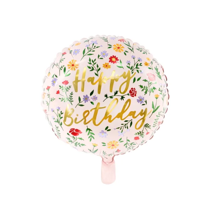 Schwarzer Folienballon mit der Aufschrift Happy Birthday und bunten Blumen