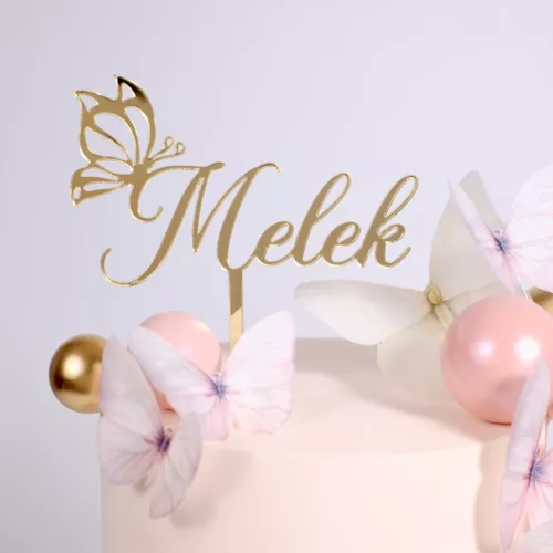 Eleganter personalisierter Cake Topper mit Schmetterlingen und Bubbles in Blush, Roségold und Gold – ideal für Hochzeitstorten oder besondere Anlässe