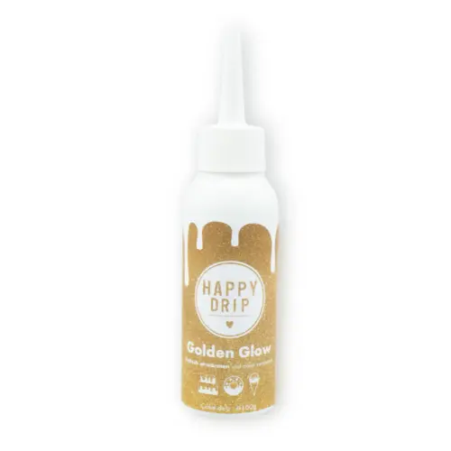 Weiße Spritzflasche mit goldenem Happy Sprinkles Happy Drip auf weißem Hintergrund