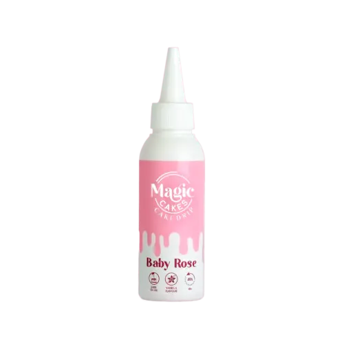 Weiße Spritzflasche mit Baby Rosa Motiv Magic Cakes Cake Drip auf weißem Hintergrund