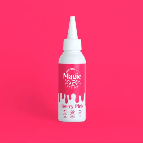 Weiße Spritzflasche mit pinkem Motiv Magic Cakes Cake Drip auf pinkem Hintergrund