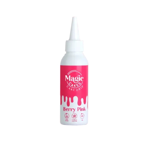 Weiße Spritzflasche mit pinkem Motiv Magic Cakes Cake Drip auf weißem Hintergrund