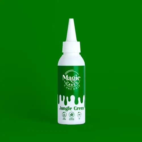 Weiße Spritzflasche mit Jungle Grünem Motiv Magic Cakes Cake Drip auf Jungle Grünem Hintergrund