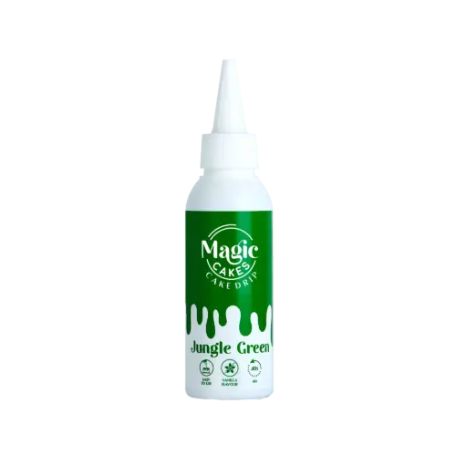 Weiße Spritzflasche mit Jungle Grünem Motiv Magic Cakes Cake Drip auf weißem Hintergrund