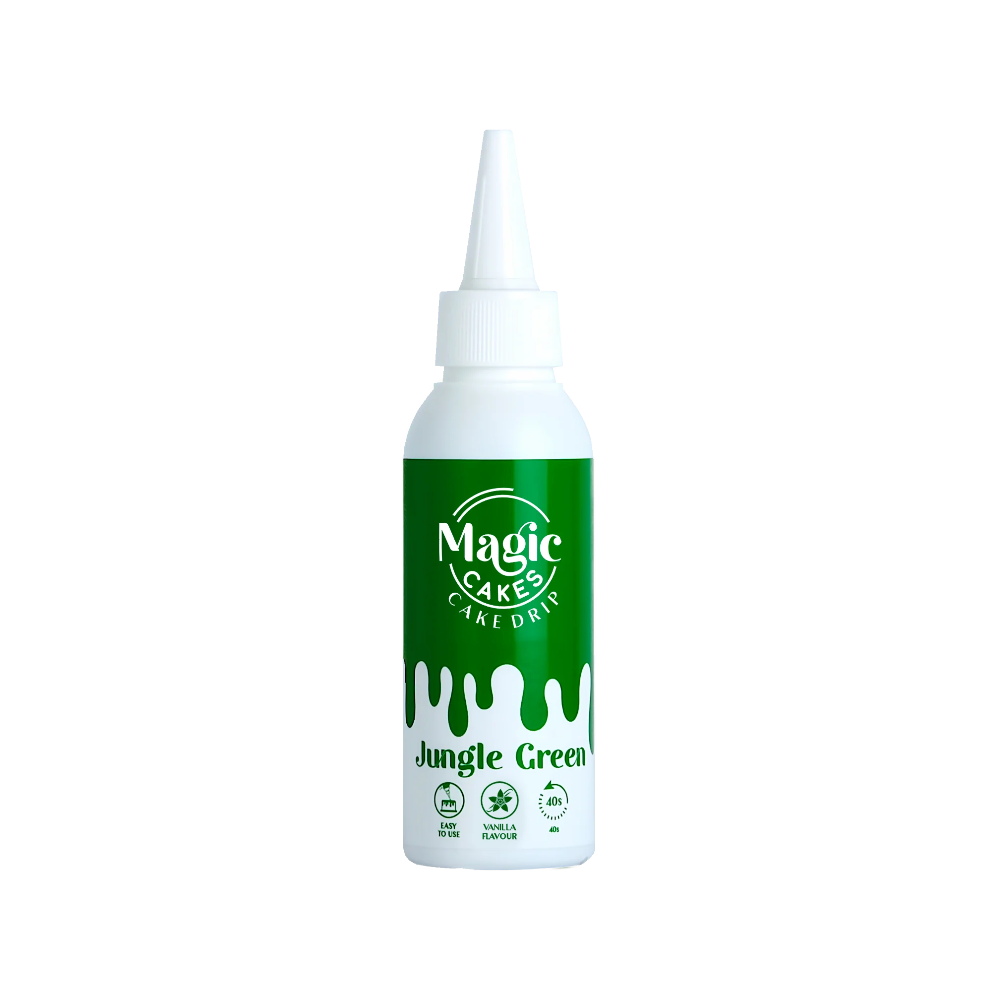 Weiße Spritzflasche mit Jungle Grünem Motiv Magic Cakes Cake Drip auf weißem Hintergrund