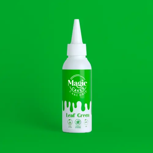Weiße Spritzflasche mit Leaf Grünem Motiv Magic Cakes Cake Drip auf Leaf Grünem Hintergrund