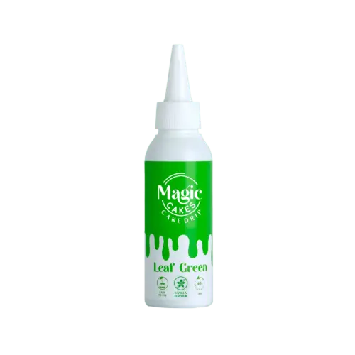Weiße Spritzflasche mit Leaf Grünem Motiv Magic Cakes Cake Drip auf weißem Hintergrund