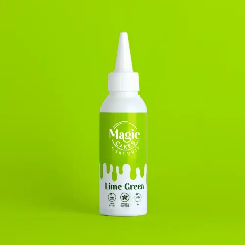 Weiße Spritzflasche mit Lime Grünem Motiv Magic Cakes Cake Drip auf Lime Grünem Hintergrund