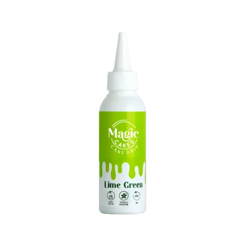 Weiße Spritzflasche mit Lime Grünem Motiv Magic Cakes Cake Drip auf weißem Hintergrund