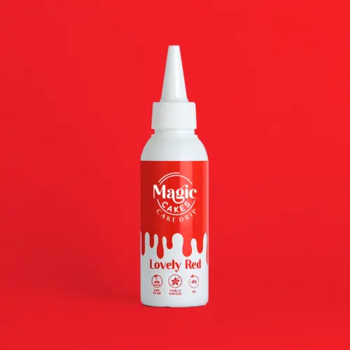 Weiße Spritzflasche mit rotem Motiv Magic Cakes Cake Drip auf rotem Hintergrund