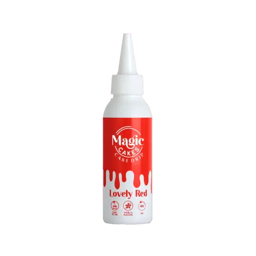 Weiße Spritzflasche mit rotem Motiv Magic Cakes Cake Drip auf weißem Hintergrund