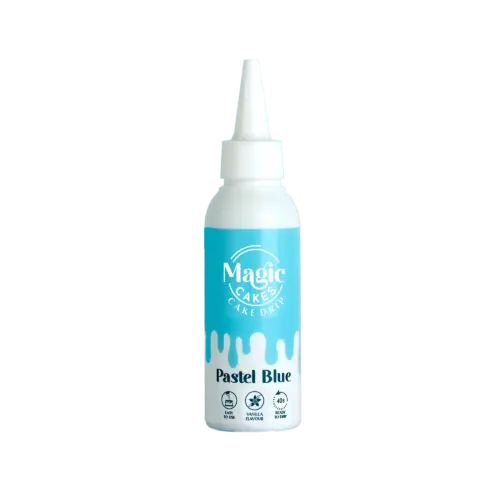 Weiße Spritzflasche mit Pastel Blauem Motiv Magic Cakes Cake Drip auf weißem Hintergrund