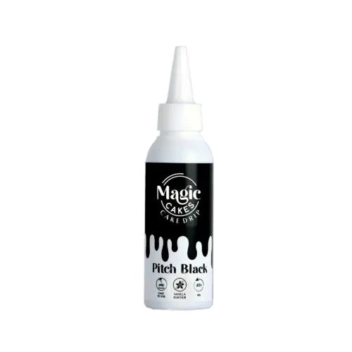 Weiße Spritzflasche mit schwarzer Aufschrift Magic Cakes Cake Drip auf weißem Hintergrund