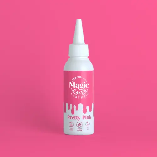 Weiße Spritzflasche mit pinkem Motiv Magic Cakes Cake Drip auf pinkem Hintergrund