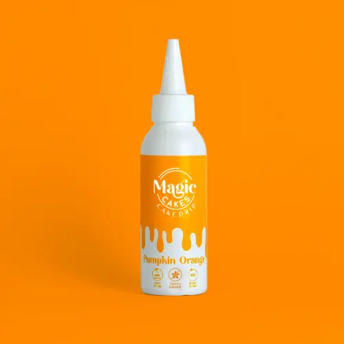 Weiße Spritzflasche mit orangenem Motiv Magic Cakes Cake Drip auf orangenem Hintergrund