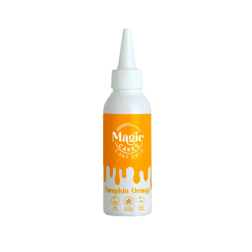 Weiße Spritzflasche mit orangenem Motiv Magic Cakes Cake Drip auf weißem Hintergrund