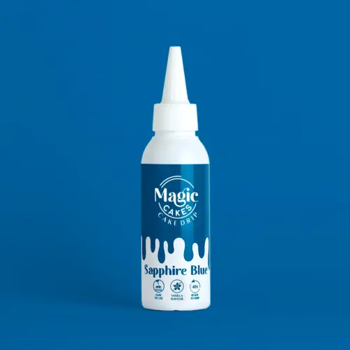 Weiße Spritzflasche mit Sapphire Blauem Motiv Magic Cakes Cake Drip auf Sapphire Blauem Hintergrund