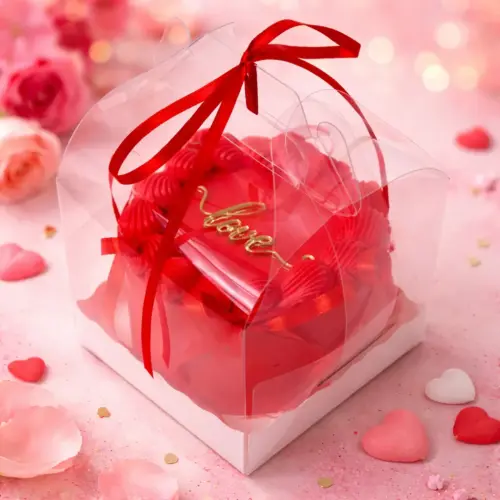 Romantische rote Herz-Torte in einer transparenten Kunststoff-Geschenkverpackung mit roter Satin-Schleife und weißem Boden, dekoriert mit goldener Love-Schrift, perfekt als Valentinstags-Geschenk