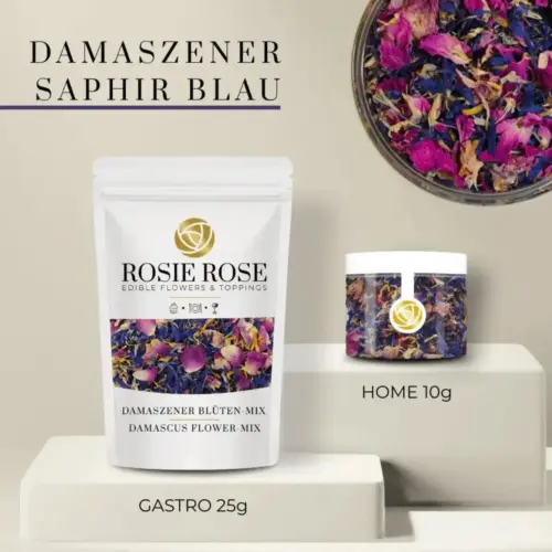 Rosie Rose Blütenmischung Saphirblau im weißen 25-g-Beutel und in einer transparenten 10-g-Dose, daneben eine Nahaufnahme der bunten Blüten.