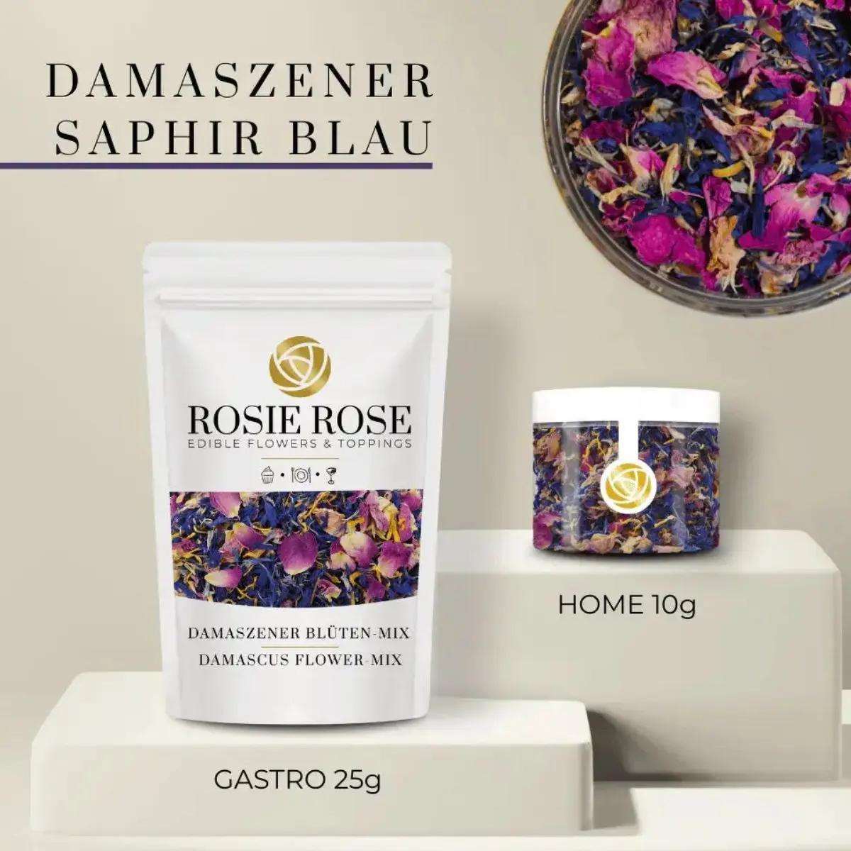 Rosie Rose Blütenmischung Saphirblau im weißen 25-g-Beutel und in einer transparenten 10-g-Dose, daneben eine Nahaufnahme der bunten Blüten.