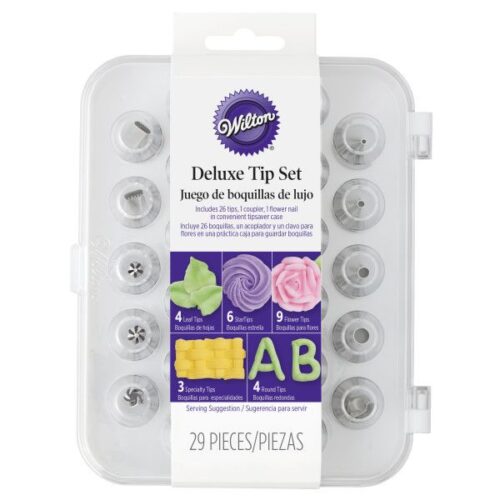 Wilton Deluxe Spritztüllen Set mit 26 Tüllen, Adapter, Blumennagel und praktischer Aufbewahrungsbox für kreative Tortendekorationen