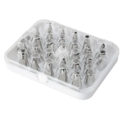 Wilton Deluxe Spritztüllen Set mit 26 Tüllen, Adapter, Blumennagel und praktischer Aufbewahrungsbox für kreative Tortendekorationen