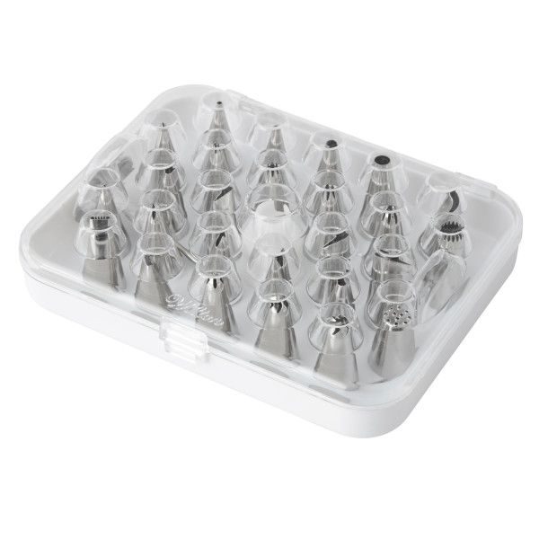 Wilton Deluxe Spritztüllen Set mit 26 Tüllen, Adapter, Blumennagel und praktischer Aufbewahrungsbox für kreative Tortendekorationen
