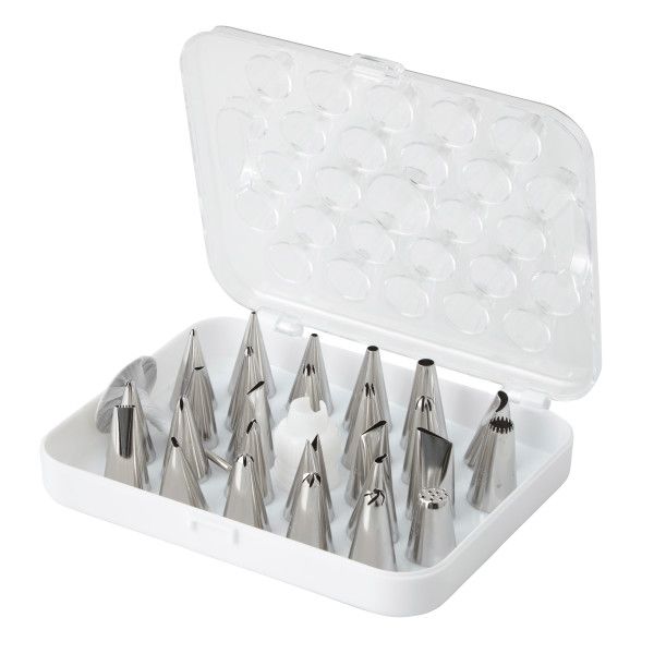 Wilton Deluxe Spritztüllen Set mit 26 Tüllen, Adapter, Blumennagel und praktischer Aufbewahrungsbox für kreative Tortendekorationen