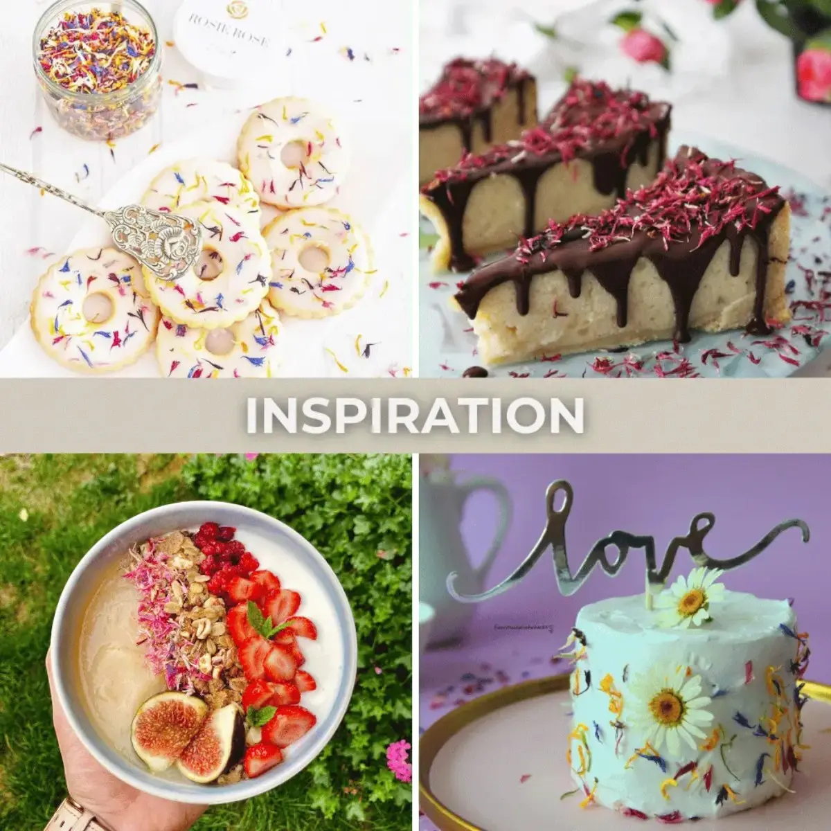 Glasierte Ringkekse, Kuchenstücke mit Schokoguss, eine Frühstücksbowl und eine kleine Torte mit bunten Blüten als Dekoration.