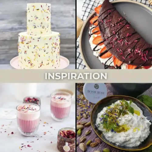 Collage mit zweistöckiger Torte, Schoko-Crêpe mit Erdbeeren, rosa Getränken und cremigem Dip, jeweils mit bunten essbaren Blüten dekoriert.