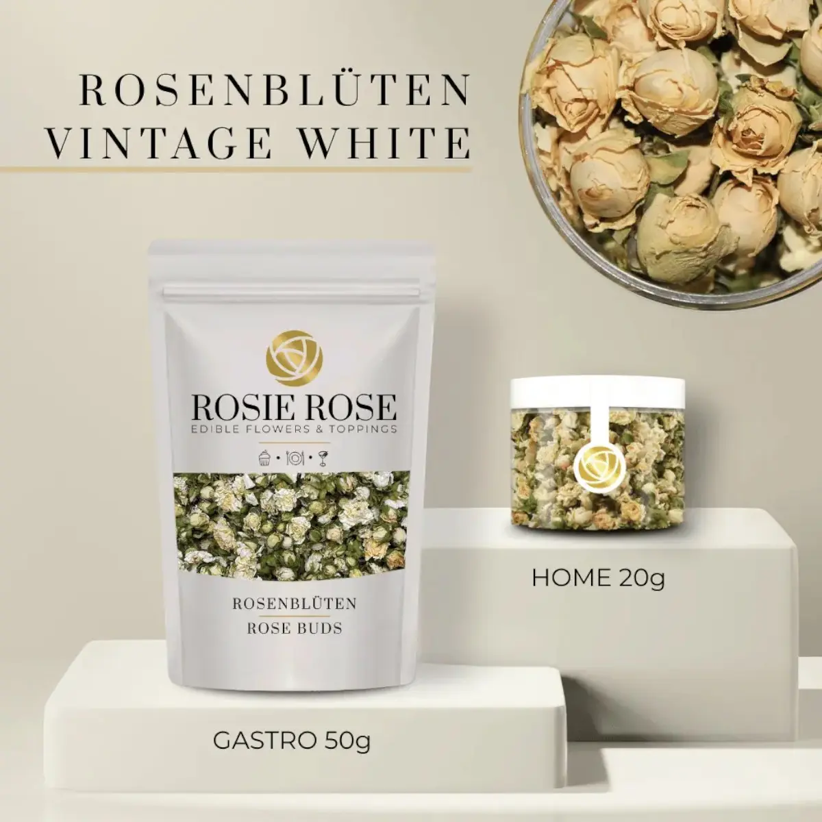 Cremeweiße Rosenknospen Vintage White von Rosie Rose im weißen 50-g-Beutel und in einer transparenten 20-g-Dose.