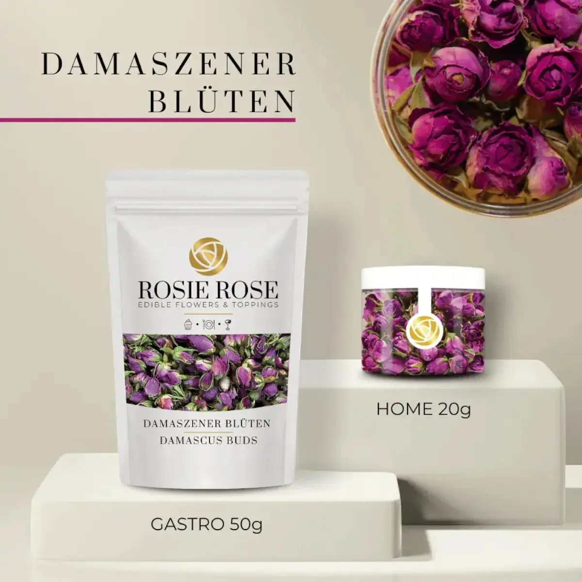 Rosie Rose getrocknete Damaszener-Rosenknospen als essbare Tortendekoration in der 20-g-Dose und im 50-g-Beutel.