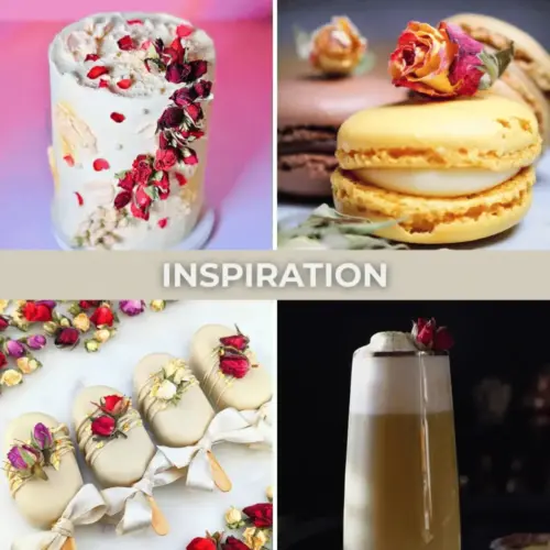 Collage mit weißer Torte, Macarons, hell glasierten Cakesicles und einem Getränk mit Schaumkrone, dekoriert mit verschiedenfarbigen Rosenknospen.